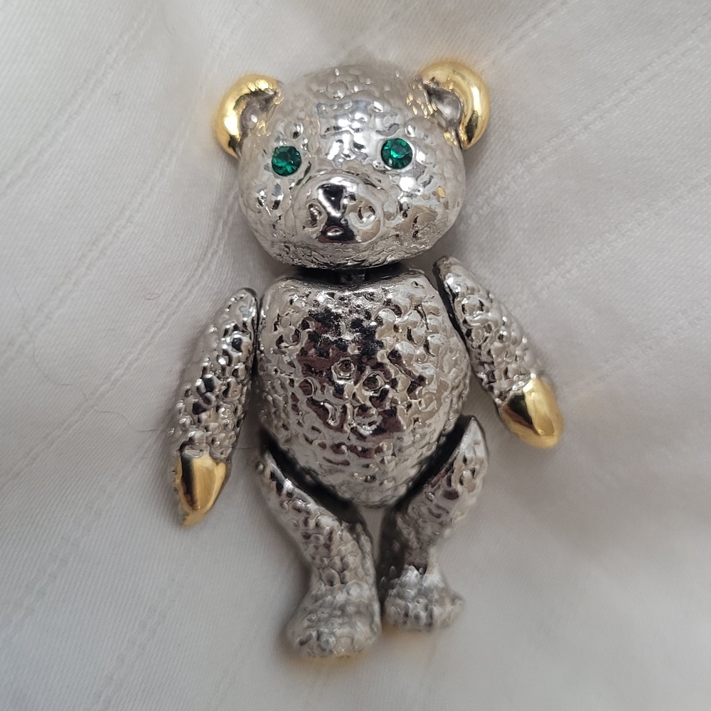 Vintage Fully Articulated Jointed Teddy Bear Pin Brooch Emerald Green Eyes